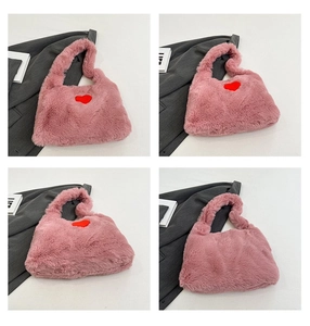 Detailed views of a pink plush faux fur shoulder bag with red heart pattern
