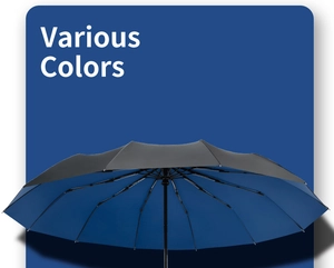 Detail of blue umbrella inner lining with multi-bone windproof metal frame structure