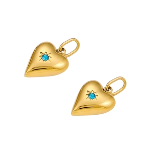 Golden stainless steel heart pendants with blue zircon stones on a white background