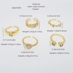 Detailed size and weight specifications for 5 adjustable 18K gold plated copper rings