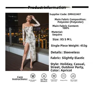 Detail view of apricot sequin tube dress featuring side slit and matching sleeve covers