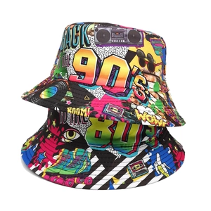 Reversible bucket hat with colorful 80s 90s retro pop art prints and streetwear patterns