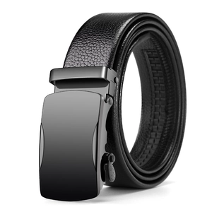 Men's business black leather belt with lychee texture and alloy automatic buckle
