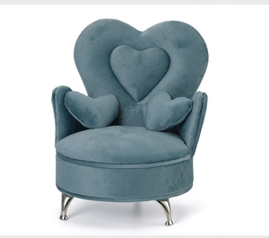 Blue heart-shaped velvet sofa jewelry box with silver legs and decorative cushions
