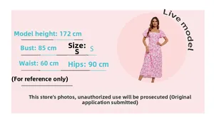 Size guide for floral square neck dress showing model dimensions and fit information
