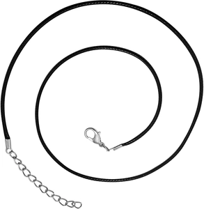 Detail of 2mm black waxed cord necklace with silver lobster clasp and extension chain