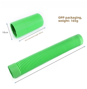Expandable green hamster tunnel showing retracted 20cm and fully stretched 100cm lengths