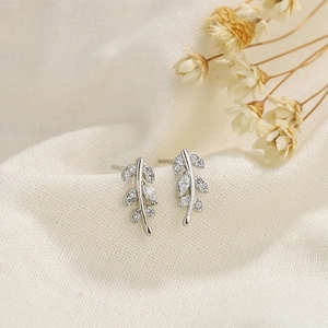 Minimalist S925 sterling silver leaf stud earrings with sparkling cubic zirconia stones