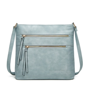 Detail of light blue textured leather tote with multiple zippers and stitching