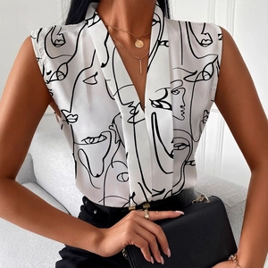 Women's summer V-neck sleeveless white top with black abstract face line art print