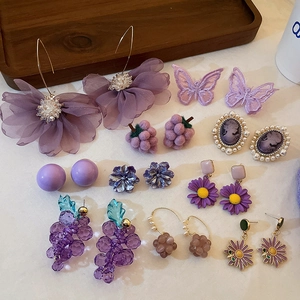 Purple Floral Butterfly Geometric Rhinestone Earrings With Silver Earring Post Retro Portrait Artificial Pearl Sweet Jewelry Women