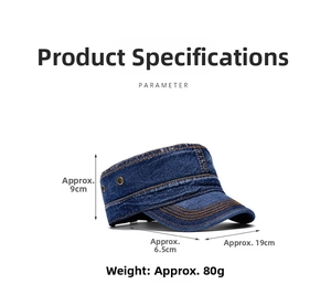 Detail view of denim cadet cap with 9cm height and 6.5cm brim size specifications