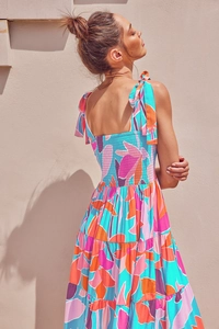Detail of summer floral maxi dress featuring tie straps and elastic smocked back design