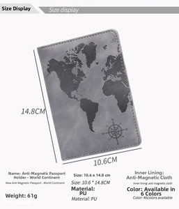 Detail view of RFID blocking passport cover with world map and compass pattern