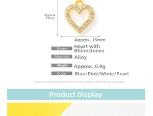 Detail showing heart charm size and alloy material specifications with crystal inlay
