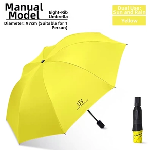 Detalle de paraguas amarillo manual de 8 varillas con protección UV y diámetro de 97cm