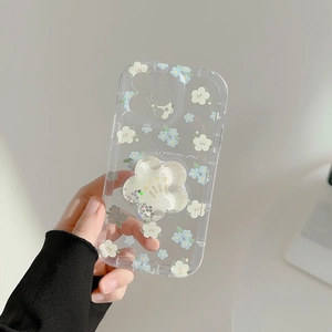 Detail of floral iPhone case with blue flowers and a unique 3D flower shape grip stand