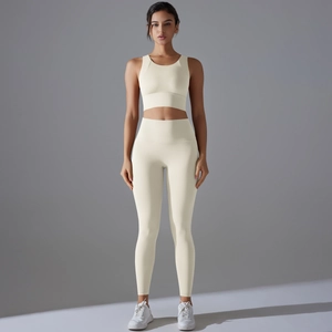 Zweiteiliges cremeweißes Yoga-Set mit Sport-BH und nahtloser High-Waist-Leggings für Damen