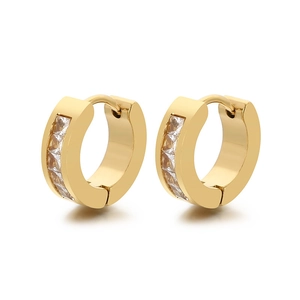 Elegant gold C-shaped earrings with clear cubic zirconia inlay on white background