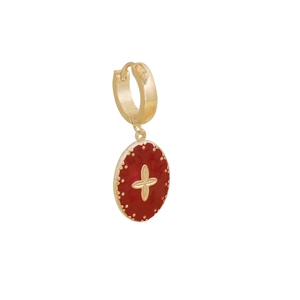 Gold cross earrings with red enamel oval pendants for a vintage minimalist jewelry look
