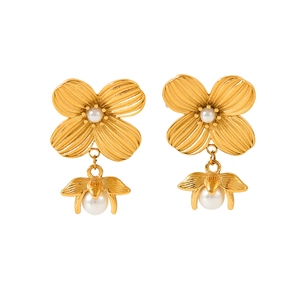 18k gold plated stainless steel flower earrings with pearl and bee charms for women