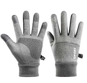 Detailed view of gray thermal cycling gloves with anti-slip palm and touch screen fingertips