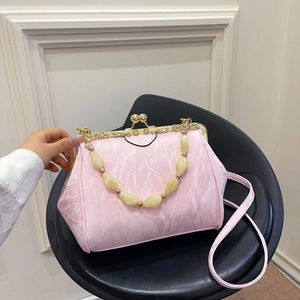 Pink marble texture shell bag with pearl handle and vintage gold metal clasp