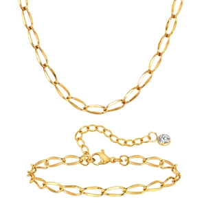 Minimalist gold stainless steel jewelry set featuring an oval link necklace and bracelet