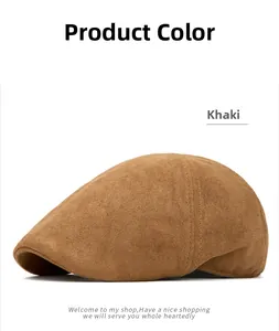 Close-up of khaki flat cap showing fine stitching and premium suede-like texture
