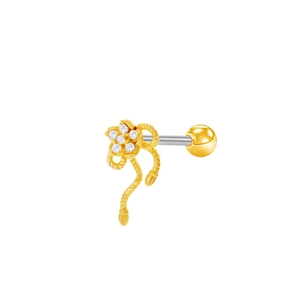 Macro detail of gold flower ear stud with crystal inlay and twisted cable accents