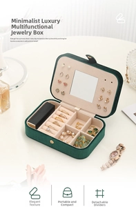 Macro detail of dark green velvet jewelry box showing mirror and multi-compartment interior