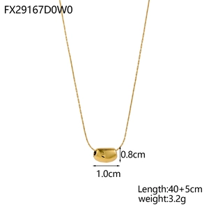 Detail showing polished gold bean pendant dimensions of 1.0cm by 0.8cm on thin chain