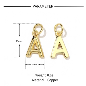 18K gold plated copper letter A charm pendant with dimensions 15mm by 8mm and 0.6g weight
