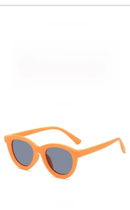 Front and side view of orange frame kids sunglasses with grey lenses and UV protection