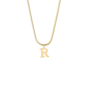 Detailed close-up of a gold stainless steel snake chain necklace with an initial R pendant