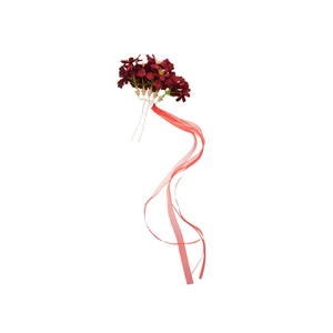 Elegant fabric flower hair pin with red silk ribbons and vintage gold metal prongs