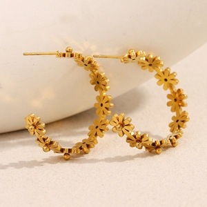 Boucles D'oreilles Créoles En Acier Inoxydable En Forme De Fleur Plaquées Or 18K Vintage Marguerite Pour Femmes
