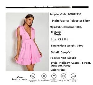 Detailed chart showing size, fabric specs and pink mesh dress features for summer