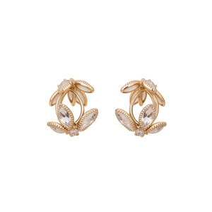 French vintage champagne gold flower earrings with sparkling cubic zirconia on white background