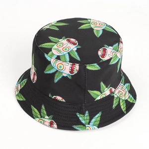 Detailed view of black canvas bucket hat with Rick and Morty and green leaf print
