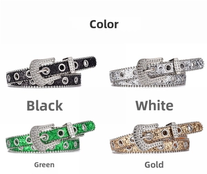 Close-up of Y2K rhinestone belts in black, silver, green, and gold with metal eyelets