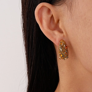 Maillard style geometric oval drop earrings with amber crystals and gold plated finish
