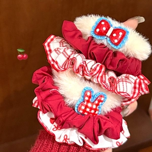 Plush Hair Scrunchie Red Fabric Polka Dot Bow Rabbit Sweet Cute Autumn Winter Hair Tie Elastic Hair Band Accessories Women Girls