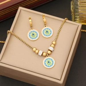 Evil Eye Jewelry Set Gold Stainless Steel Rhinestone Enamel Necklace Earrings Bracelet Elegant Individual Style