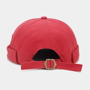 Retro red brimless docker hat with canvas texture and adjustable metal buckle