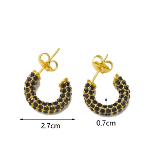 Chic 18k gold plated C-shaped hoop earrings with black micro-pave crystals 2.7cm