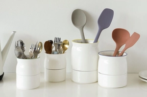 Minimalist white ceramic kitchen utensil holder set for spatulas and spoons