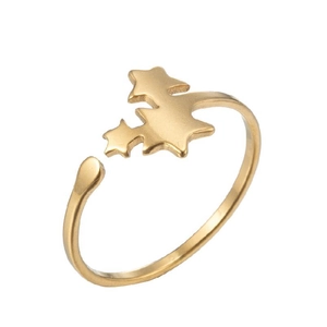Minimalist gold plated stainless steel open ring featuring three star elements on white background