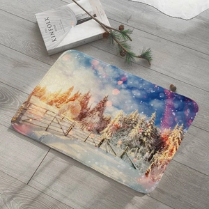 Detailed close-up of winter forest snow scene printed on a plush rectangular floor mat