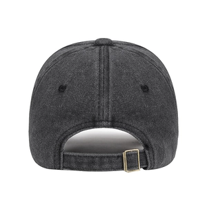 Vintage washed denim baseball cap with adjustable metal buckle strap and embroidery